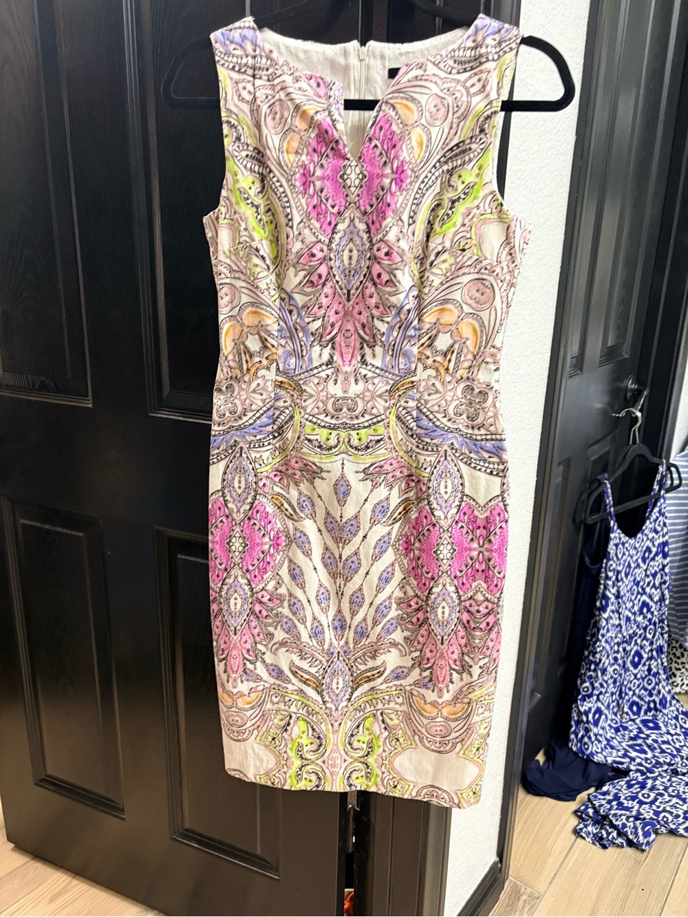 David Meister Paisley Sheath Dress in Pink, Cream and Lime